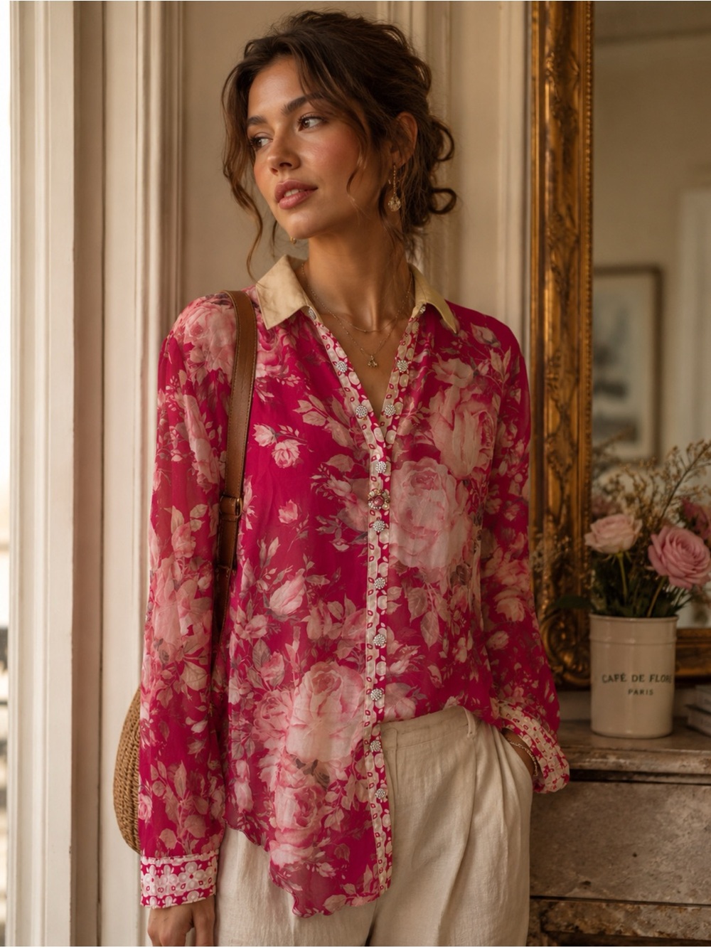 NWOT Aratta Silent Journey Fairy Rose Floral  Mesh Lace Jewes Buttondown Blouse - Picture 9 of 10
